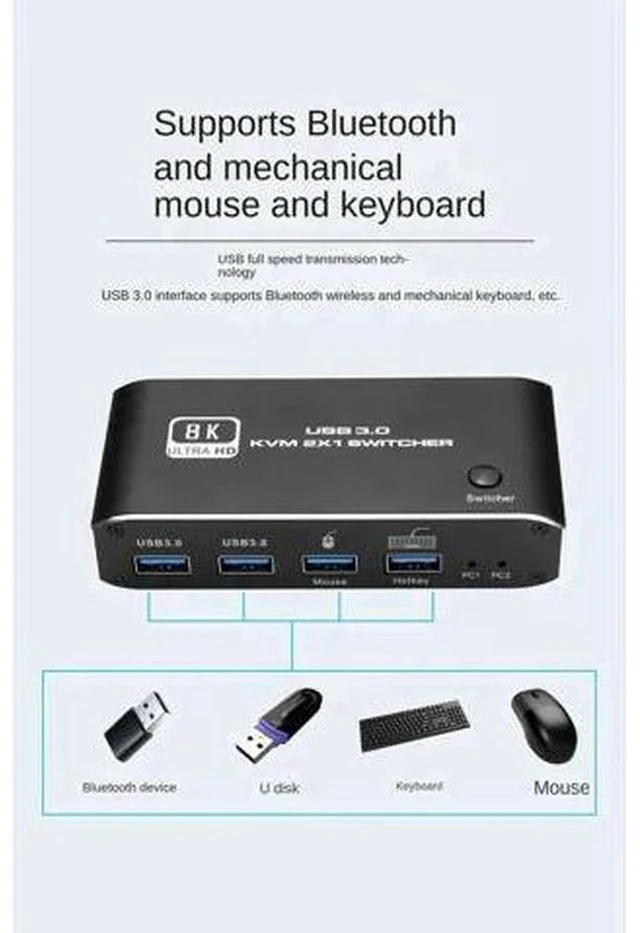 Alt view image 2 of 7 - 2x1 HDMI 2.1 8K KVM Switch with 4 USB 3.0 Ports, 2 PCs Share 1 Monitor, Support 8K@60Hz, 4K@120Hz, YUV 4:4:4, HDCP 2.3, HDR10, Hotkey Control, Dark Shell