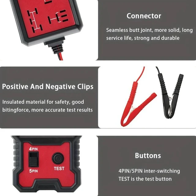 Alt view image 4 of 6 - 12V Relay Tester for 4 & 5 Pin Auto Relays Compact Diagnostic Tool with Battery Clips, Easy-to-Use Car Relay Analyzer for Electrical System Testing