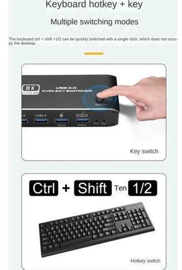 Alt view image 7 of 7 - 2x1 HDMI 2.1 8K KVM Switch with 4 USB 3.0 Ports, 2 PCs Share 1 Monitor, Support 8K@60Hz, 4K@120Hz, YUV 4:4:4, HDCP 2.3, HDR10, Hotkey Control, Dark Shell
