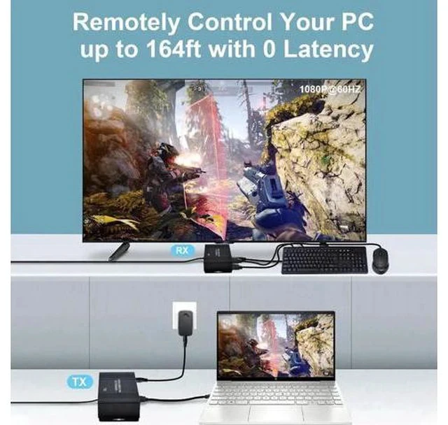 Alt view image 4 of 7 - HDMI KVM Extender Over Cat5e/Cat6/Cat7 Up to 164FT, 1080P@60Hz HDMI over RJ45 Transmitter & Receiver, USB KM Control, Zero Latency, POC Single Power Supply