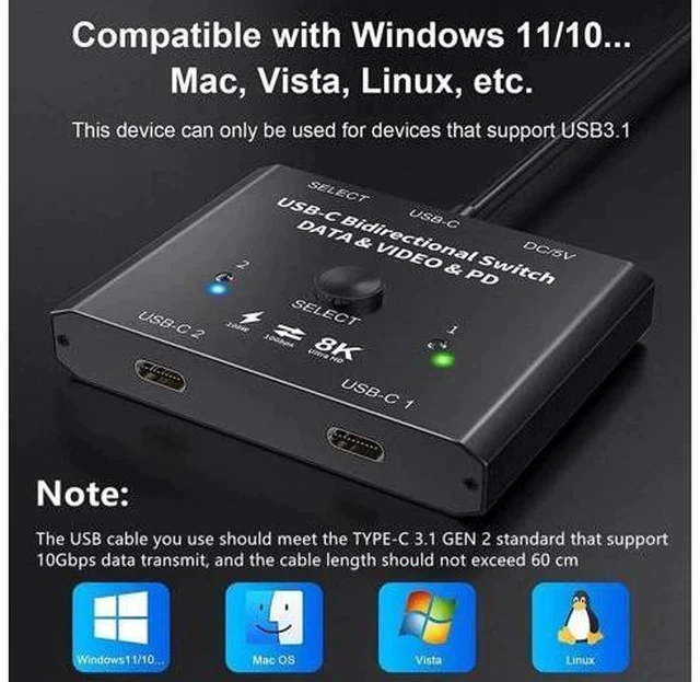 Alt view image 5 of 7 - Bi-Directional 2 In 1 Out / 1 In 2 Out USB-C KVM Switch, Support 8K@60Hz & 4K@120Hz Video, 10Gbps Data, 100W PD Charging, Compatible with Thunderbolt Devices