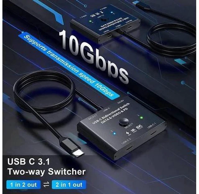 Alt view image 7 of 7 - Bi-Directional 2 In 1 Out / 1 In 2 Out USB-C KVM Switch, Support 8K@60Hz & 4K@120Hz Video, 10Gbps Data, 100W PD Charging, Compatible with Thunderbolt Devices