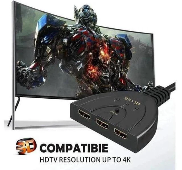 Alt view image 3 of 6 - 3 Port 3x1 HDMI Switcher with Built-in Pigtail Cable, 4K HDMI Switch Splitter Supports 4K, 1080P Full HD & 3D Video