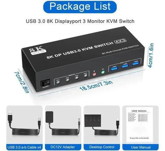 Alt view image 4 of 7 - 4-Port DP1.4 Triple Monitor USB3.0 KVM Switch, 8K@60Hz, Audio & Mic, 3 USB3.0 Ports, Black Manual Switch for 4 PCs 3 Displays