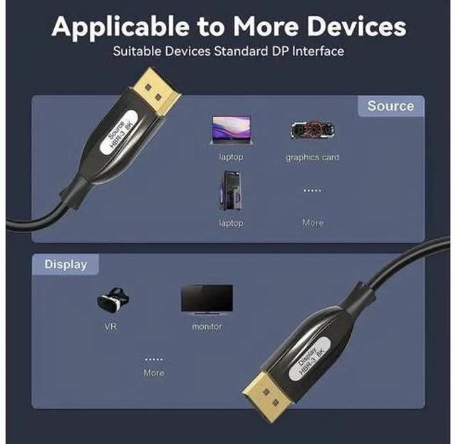 Alt view image 6 of 7 - 3.3FT Black Fiber Optic DP 1.4 Cable, 32.4Gbps Bandwidth Supports 8K@60Hz 4K@144Hz HDR HDCP2.2 3D for VR Headset Gaming Monitor