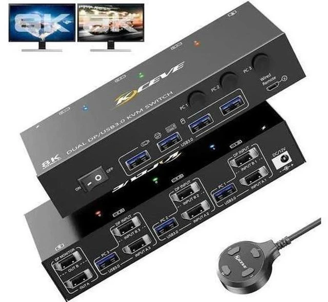 Main image of 3-Port Dual DP KVM Switch 8K@60Hz, USB3.0, Wired Remote Included