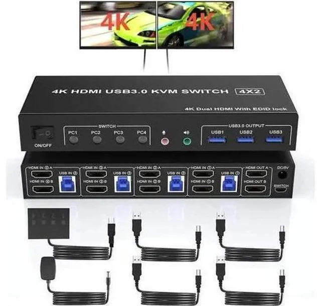 Main image of 4-Port Dual HDMI USB3.0 KVM Switch, 4K@60Hz, EDID Emulator, Audio Out & 3 USB3.0 Ports