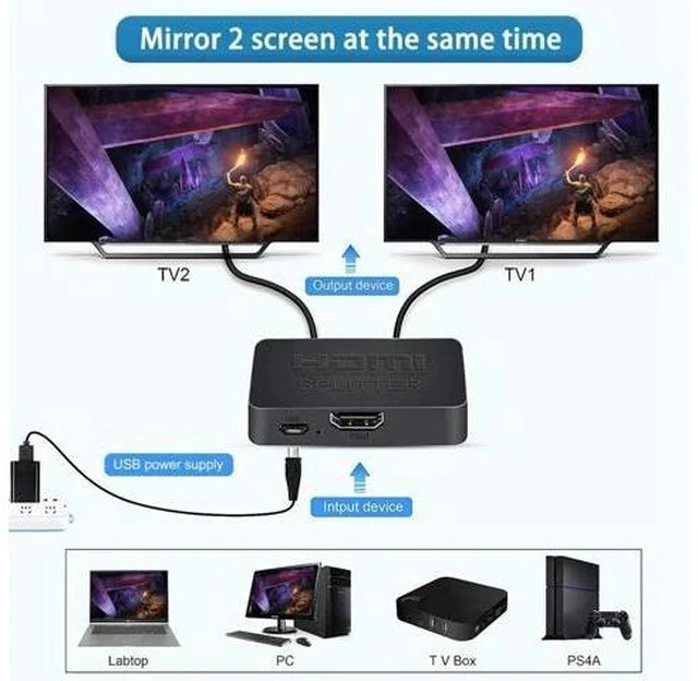 Alt view image 7 of 7 - 1 in 2 Out HDMI Splitter with 5FT HDMI Cable, 4K UHD Mirror Display Splitter Duplicates Single Source to Two Monitors Simultaneously