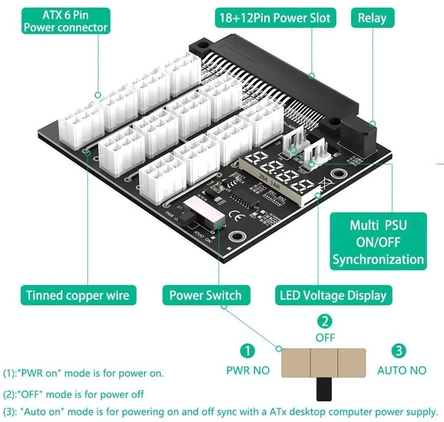Alt view image 3 of 7 - Server Power Supply to 6-Pin GPU Adapter Board 36+24 Pin to 12 x 6-Pin PCIe Power Converter for Graphics Card Mining / Server / Workstation