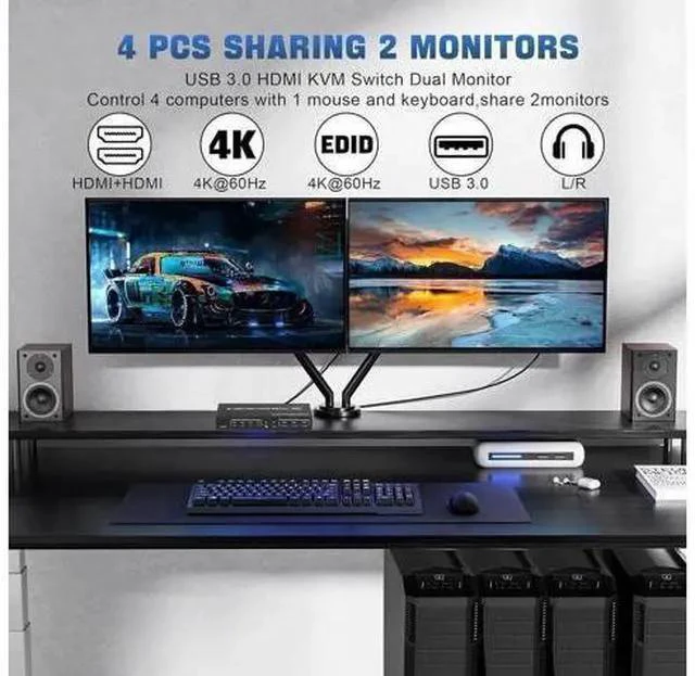 Alt view image 6 of 7 - 4-Port Dual HDMI USB3.0 KVM Switch, 4K@60Hz, EDID Emulator, Audio Out & 3 USB3.0 Ports