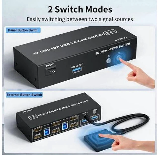 Alt view image 2 of 7 - 2-Port HDMI+DP Dual Monitor KVM Switch 4K@60Hz, 3 USB3.0 Ports, Wired Switch Button & 2 USB Cables Included