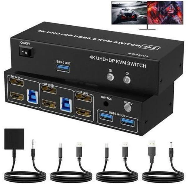 Main image of 2-Port HDMI+DP Dual Monitor KVM Switch 4K@60Hz, 3 USB3.0 Ports, Wired Switch Button & 2 USB Cables Included