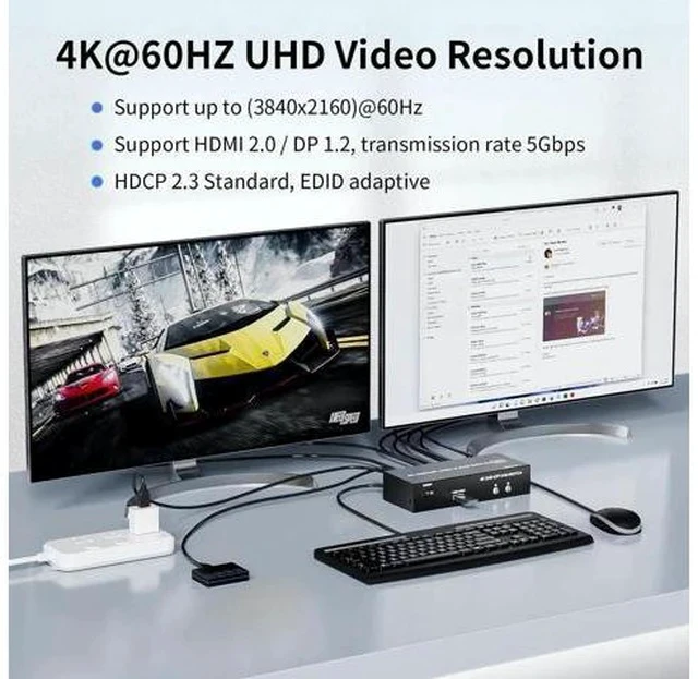 Alt view image 7 of 7 - 2-Port HDMI+DP Dual Monitor KVM Switch 4K@60Hz, 3 USB3.0 Ports, Wired Switch Button & 2 USB Cables Included