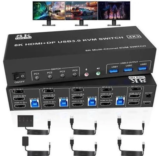 Main image of 4-Port Triple Monitor KVM Switch (2×HDMI2.1+DP1.4), 8K@60Hz, USB3.0 with Audio & Mic, 4 PCs Share 3 Displays