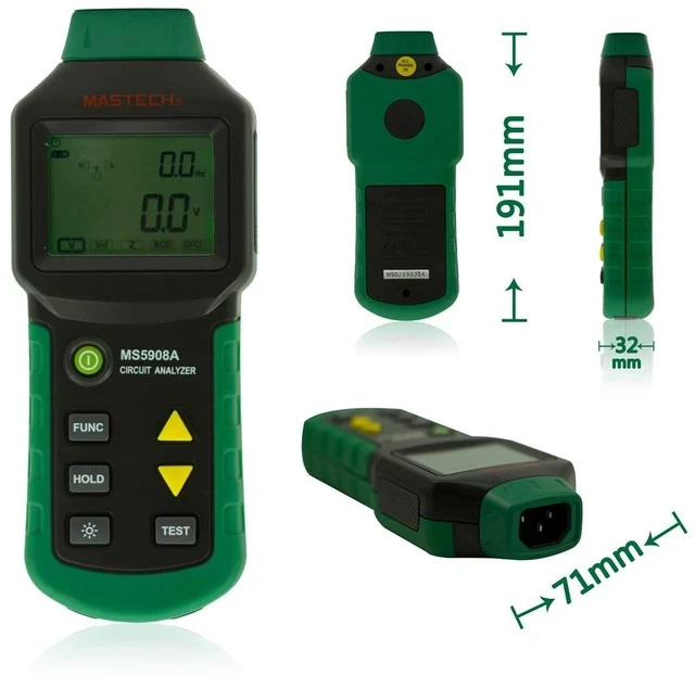 Alt view image 2 of 4 - MS5908 True RMS Circuit Analyzer AC Voltage Tester with 5A/8A/10A Load, RCD/GFCI Trip Test, Line Impedance & Wiring Check for Electrical Fault Diagnostics