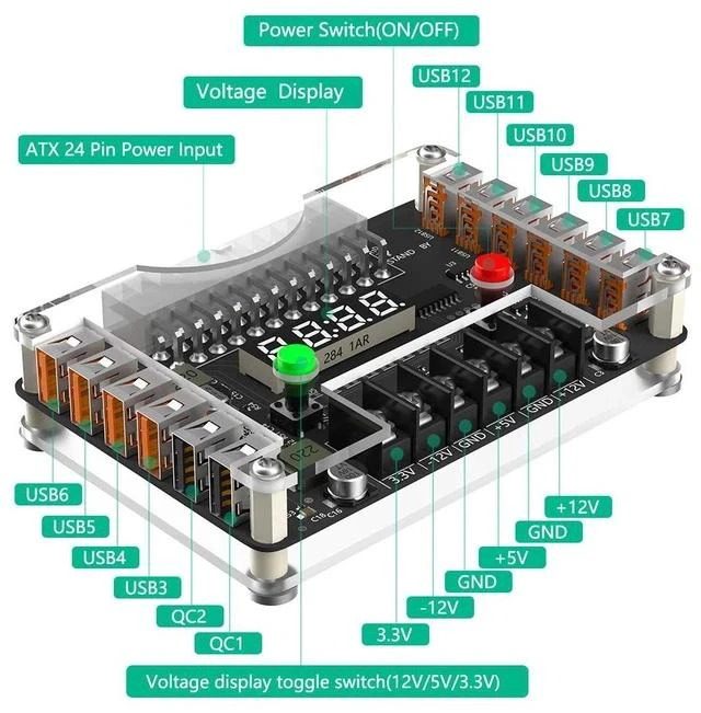 Alt view image 4 of 7 - ATX 24-Pin to 12-Port USB Adapter Board Side-Mount, Voltage Regulator / Splitter, 24P Power Distribution Board for Desktop / Mining / DIY