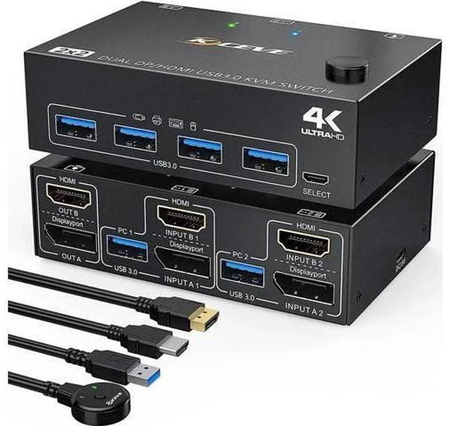 Main image of 2-Port HDMI+DP Dual Monitor KVM Switch, 4K@60Hz 2K@120Hz, 4 USB3.0 Ports, Wired Remote & 4 Cables Included