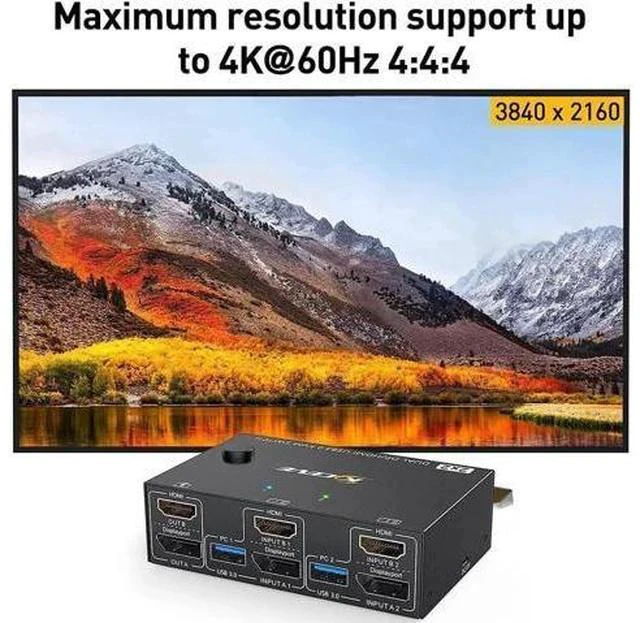 Alt view image 3 of 7 - 2-Port HDMI+DP Dual Monitor KVM Switch, 4K@60Hz 2K@120Hz, 4 USB3.0 Ports, Wired Remote & 4 Cables Included