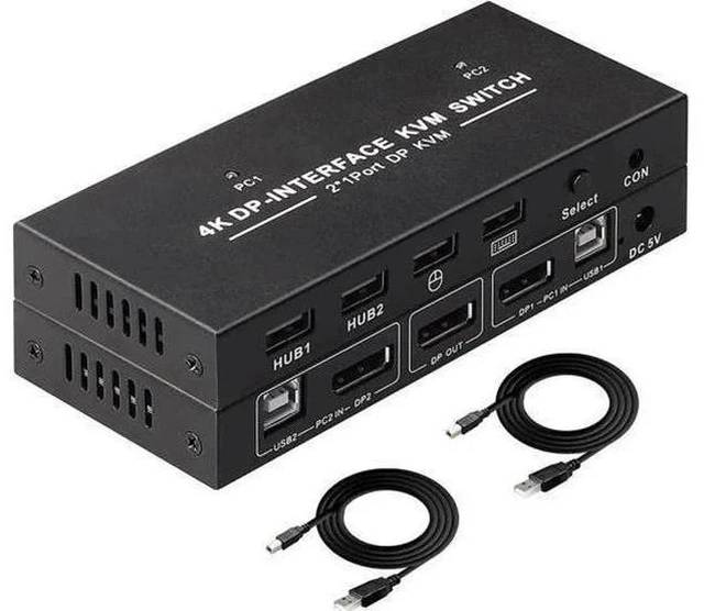 Main image of 2-Port 2 In 1 Out DP 1.2 DisplayPort KVM Switch, 4K@60Hz, 2 PCs Share One Monitor, Keyboard & Mouse, Built-in 4 USB 2.0 Ports, Includes 2pcs 1.5m/5ft USB KVM Cables