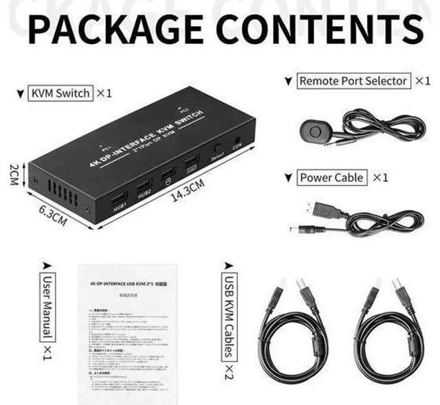 Alt view image 2 of 7 - 2-Port 2 In 1 Out DP 1.2 DisplayPort KVM Switch, 4K@60Hz, 2 PCs Share One Monitor, Keyboard & Mouse, Built-in 4 USB 2.0 Ports, Includes 2pcs 1.5m/5ft USB KVM Cables