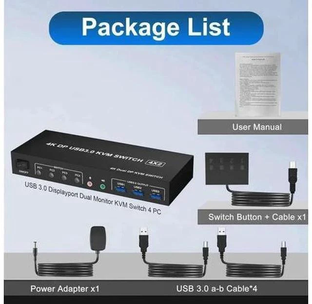 Alt view image 3 of 7 - 4-Port Dual DP USB3.0 KVM Switch 4 In 2 Out, 4K@60Hz, Audio & Mic Jacks, 3 USB3.0 Ports