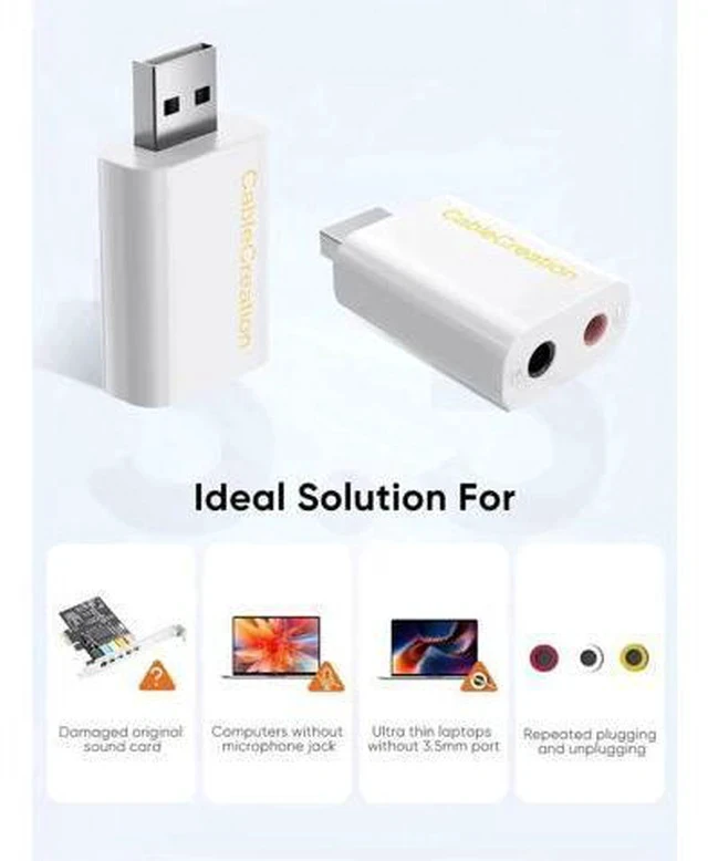 Alt view image 5 of 7 - White External USB Audio Adapter, USB Sound Card with Separate 3.5mm Headphone & Mic Jack, Plug-and-Play Driver-Free for Windows Mac Linux PC Laptop PS4