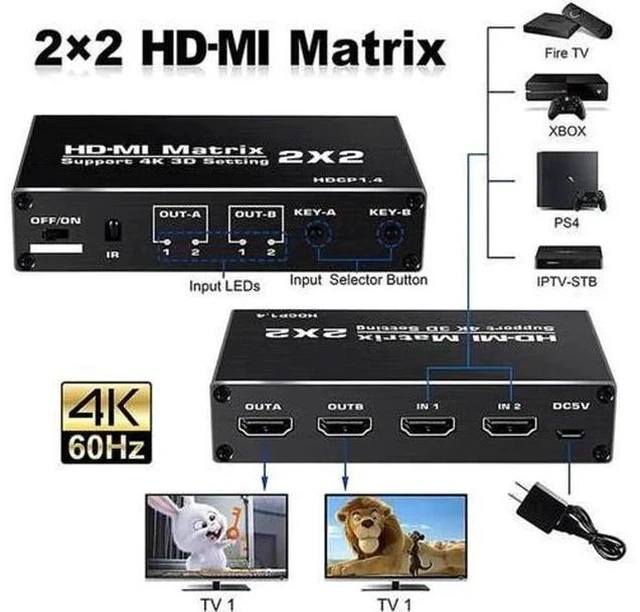 Alt view image 3 of 6 - 2x2 HDMI Matrix Switch 2 in 2 Out with IR Remote Control, HDMI 2.0b 4K@60Hz Matrix Splitter Supports HDR, HDCP1.4, Ultra HD 4K & 3D, Model OZJ3