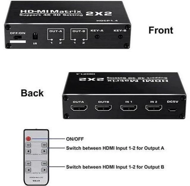 Alt view image 4 of 6 - 2x2 HDMI Matrix Switch 2 in 2 Out with IR Remote Control, HDMI 2.0b 4K@60Hz Matrix Splitter Supports HDR, HDCP1.4, Ultra HD 4K & 3D, Model OZJ3