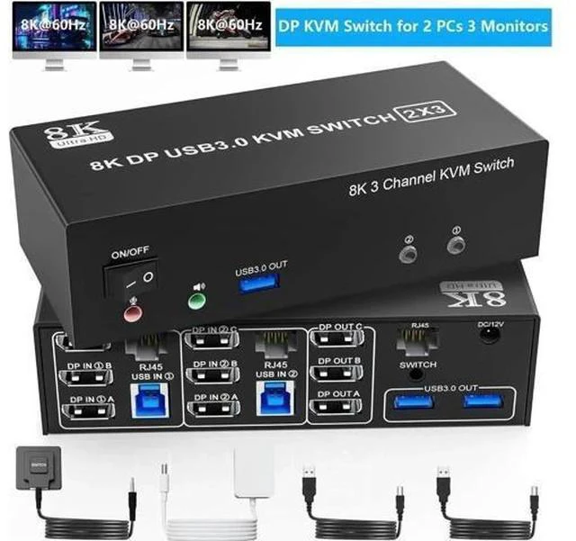 Main image of 2 PCs Triple Monitor DP 1.4 KVM Switch 8K@60Hz 4K@144Hz USB3.0, Built-in 1-to-2 RJ45 Ethernet Splitter, Audio & Mic Jack, 3 USB 3.0 Ports for Sharing 3 Displays, Network & USB Peripherals