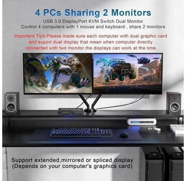 Alt view image 7 of 7 - 4-Port Dual DP USB3.0 KVM Switch 4 In 2 Out, 4K@60Hz, Audio & Mic Jacks, 3 USB3.0 Ports