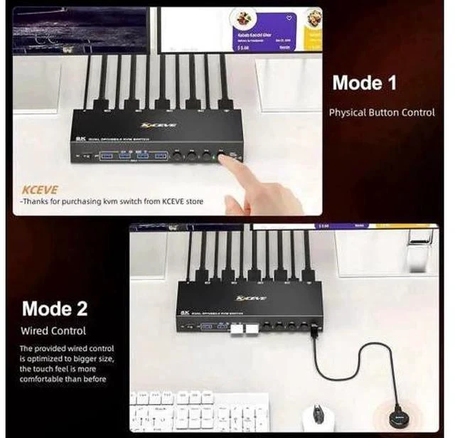 Alt view image 5 of 7 - 4-Port Dual DP KVM Switch 4 In 2 Out, 8K@30Hz, USB3.0, Wired Remote & USB Cables Included