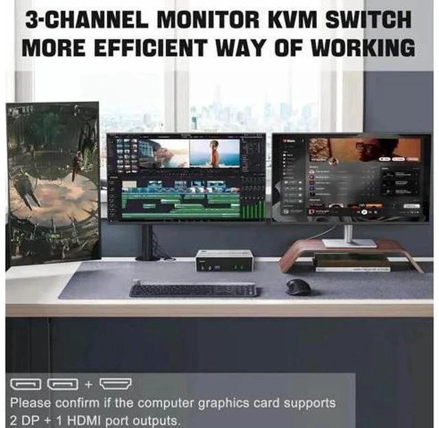Alt view image 3 of 7 - 2 Port Triple Monitor 1HDMI+2DP KVM Switch, 8K@60Hz USB3.0 KVM Switcher with Audio & Mic, 3 USB 3.0 Ports for 2 PCs Share 3 Displays