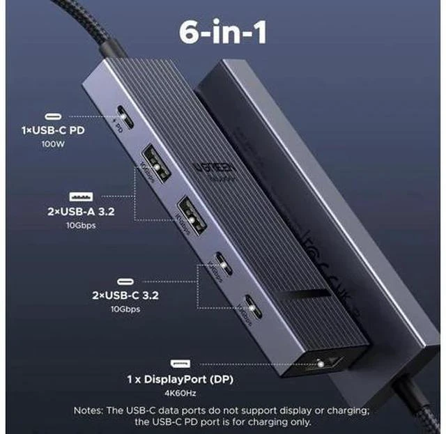 Alt view image 3 of 7 - UGREEN Revodok Pro 6-in-1 USB-C Multiport Hub, Type-C Dock with 4K@60Hz DisplayPort, 100W PD Pass-Through, 10Gbps USB-A & USB-C 3.2 Gen2 Data Ports, Compatible with MacBook Pro/Air, iPad Pro, ThinkPad