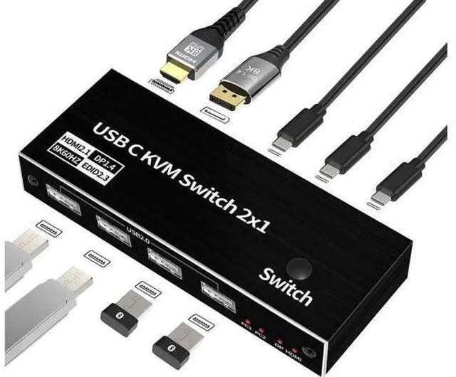 Main image of 2x1 USB-C KVM Switch, Support 8K@60Hz & 4K@120Hz, 2 Type-C Hosts Share 1 Monitor (HDMI/DP Dual Output), Built-in 4 USB 2.0 Ports, 2 USB-C Cables Included