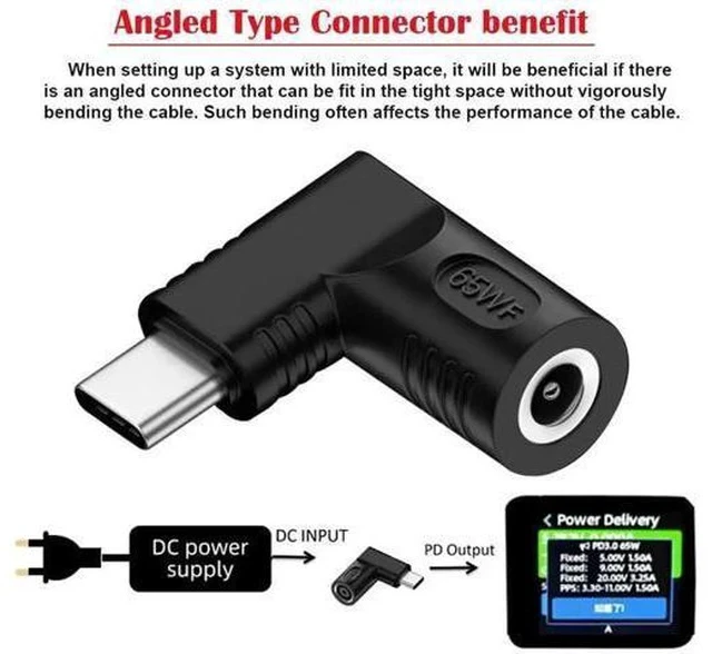 Alt view image 2 of 7 - 90 Degree Right Angled DC 20V 5.5x2.1mm Female to USB-C PD Charging Adapter, DC Jack to Type-C Power Converter Plug for Laptops, Phones and Tablets