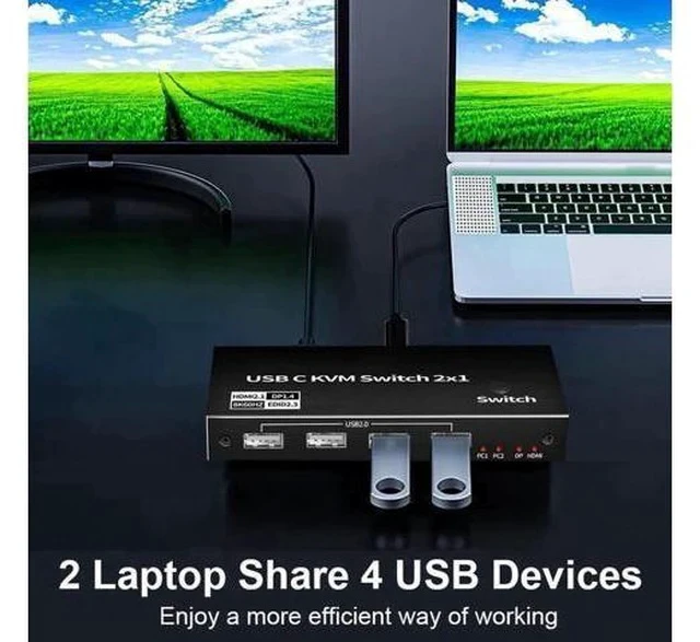 Alt view image 4 of 7 - 2x1 USB-C KVM Switch, Support 8K@60Hz & 4K@120Hz, 2 Type-C Hosts Share 1 Monitor (HDMI/DP Dual Output), Built-in 4 USB 2.0 Ports, 2 USB-C Cables Included