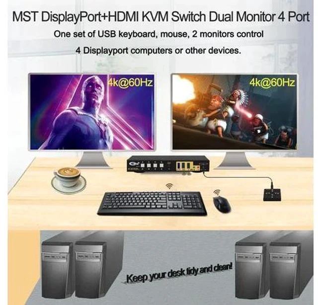 Alt view image 6 of 7 - CKL 4-Port DP MST KVM Switch, 1 DP Input to 2 DP Outputs, 4 PCs Share 2 Monitors