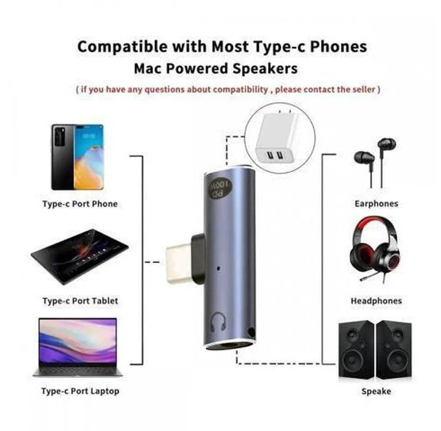 Alt view image 2 of 7 - 2 in 1 USB C to 3.5mm Audio DAC & 100W PD Charging Adapter, 16Bit/48kHz HiFi Type-C Aux Dongle for Phone Tablet Laptop