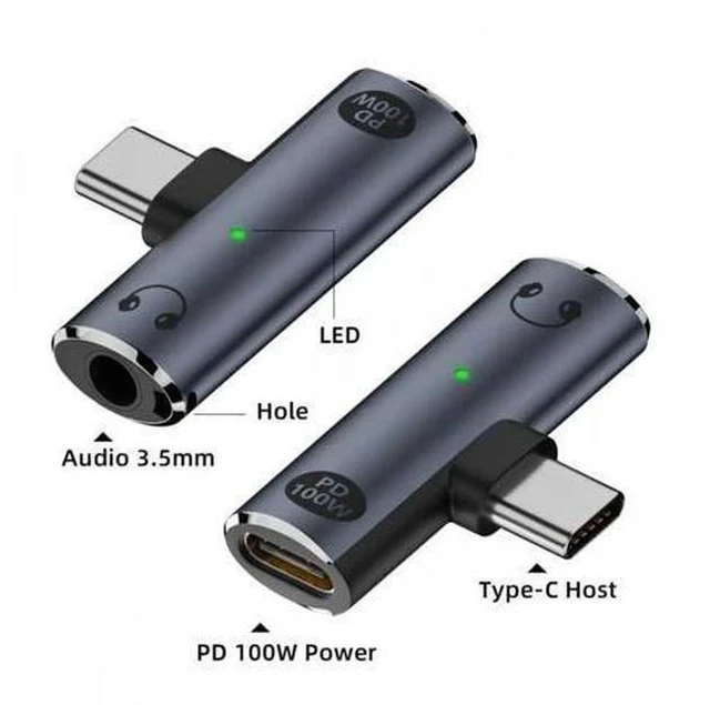 Alt view image 3 of 7 - 2 in 1 USB C to 3.5mm Audio DAC & 100W PD Charging Adapter, 16Bit/48kHz HiFi Type-C Aux Dongle for Phone Tablet Laptop