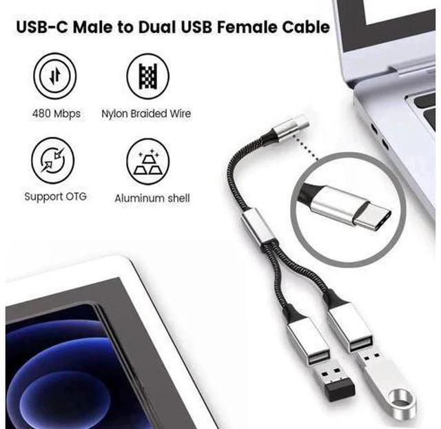 Alt view image 5 of 7 - 0.8FT USB-C Male to Dual USB-A 2.0 Female OTG Splitter Adapter, 2-Port Type-C Hub for Phones, Laptops & Game Consoles
