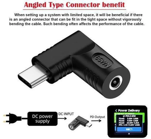 Alt view image 6 of 7 - 90 Degree Right Angle DC 3.5x1.3mm 20V Input to USB-C Output Power Adapter, 65W PD Fast Charging Converter Plug for Laptops, Phones & USB-C Devices