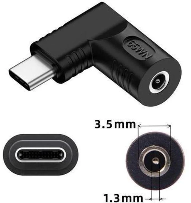 Alt view image 7 of 7 - 90 Degree Right Angle DC 3.5x1.3mm 20V Input to USB-C Output Power Adapter, 65W PD Fast Charging Converter Plug for Laptops, Phones & USB-C Devices