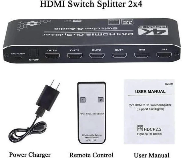 Alt view image 4 of 7 - 2x4 HDMI Matrix Switch Splitter with Audio Extractor & IR Remote, HDMI 2.0b 4K@60Hz Matrix Support Optical SPDIF + 3.5mm Audio, HDCP2.2 RGB 4:4:4 HDR for 4K HDTV Monitor