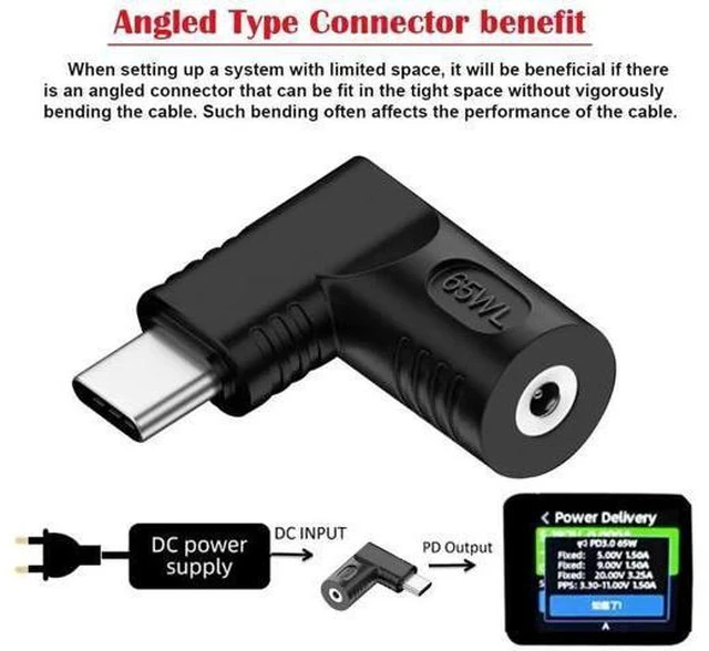 Alt view image 3 of 7 - 90 Degree Right Angle DC 4.0x1.3mm 20V Input to USB-C Output Power Converter, 65W PD Fast Charging Adapter Plug for Laptops, Phones & USB-C Devices