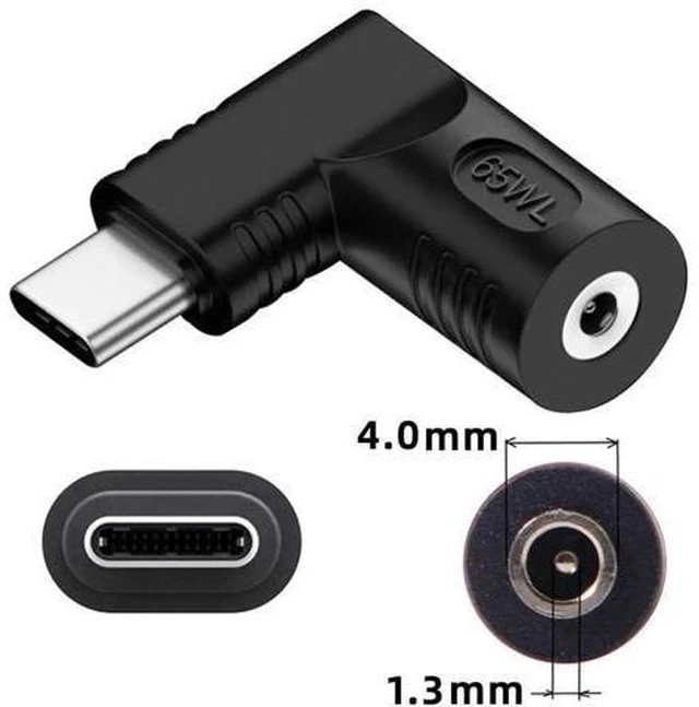 Alt view image 7 of 7 - 90 Degree Right Angle DC 4.0x1.3mm 20V Input to USB-C Output Power Converter, 65W PD Fast Charging Adapter Plug for Laptops, Phones & USB-C Devices