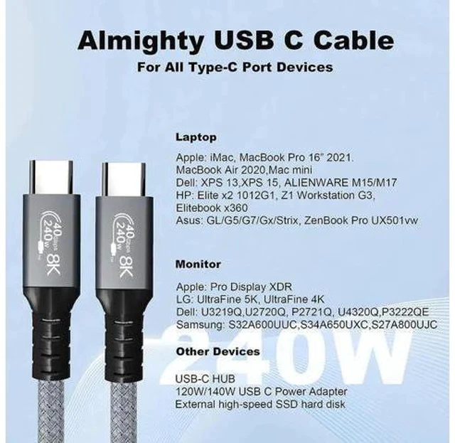 Alt view image 7 of 7 - 1.6FT 240W USB4 USB-C to USB-C Cable | 40Gbps, 8K/5K@60Hz Video, Thunderbolt 3/4 Compatible for MacBook, eGPU & Docking Station