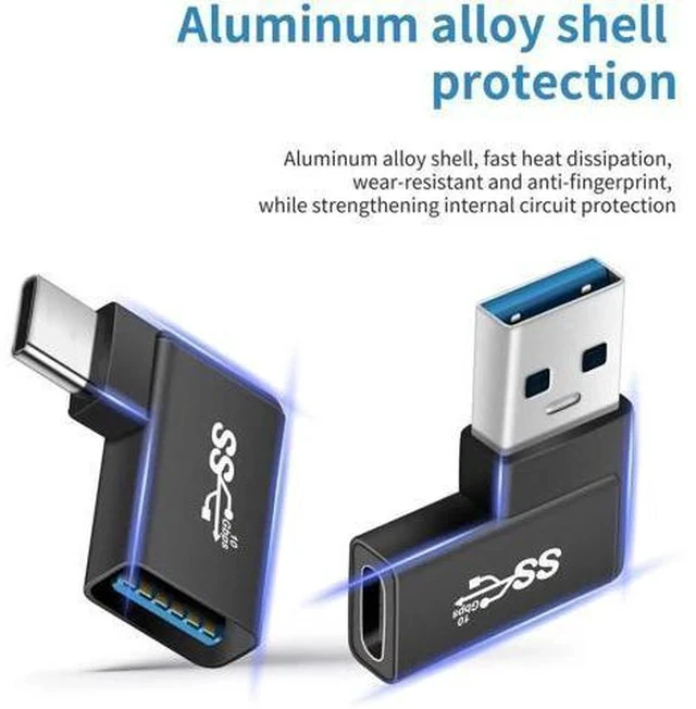 Alt view image 2 of 7 - 2 Pack 90 Degree Right Angle USB 3.0 10Gbps USB A Male to USB C Female Adapter, OTG Data & Charging Converter for Laptops, Tablets, Phones & Power Banks