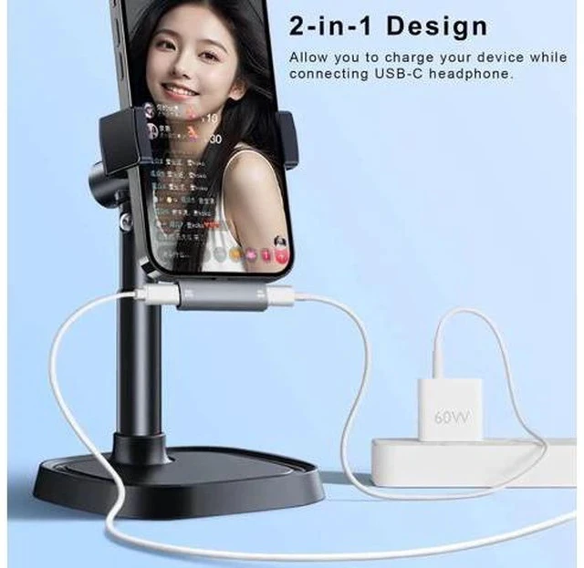 Alt view image 2 of 6 - 2-in-1 USB C Audio Charging Splitter Dongle, USB Type C to 3.5mm Headphone Jack with 60W PD Fast Charge for iPhone 15/16, iPad, Galaxy, Pixel Phones