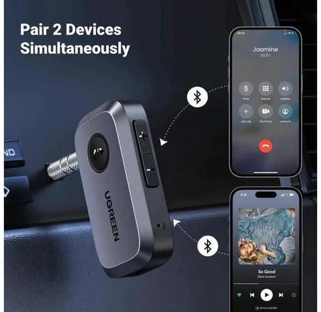 Alt view image 2 of 7 - UGREEN Bluetooth 5.4 3.5mm AUX Audio Receiver with Noise Cancelling Mic, Wireless Car Aux Bluetooth Adapter for Vehicle Stereo Home Wired Speaker Amplifier, 15H Long Play Battery Life