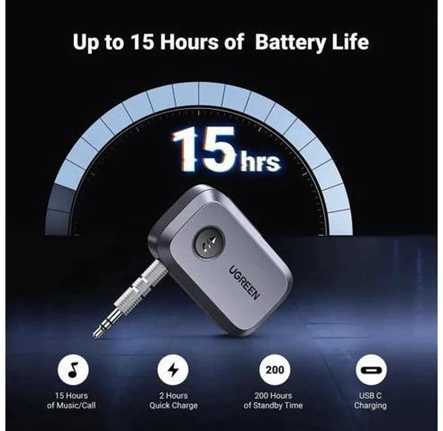 Alt view image 3 of 7 - UGREEN Bluetooth 5.4 3.5mm AUX Audio Receiver with Noise Cancelling Mic, Wireless Car Aux Bluetooth Adapter for Vehicle Stereo Home Wired Speaker Amplifier, 15H Long Play Battery Life